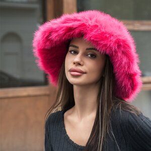 Hot Pink Fuchsia Faux Fur Bucket Hat Fluffy NWT